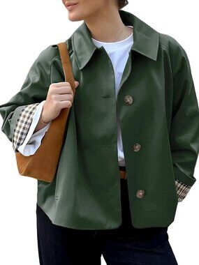 Women's Cropped Trench Coat Spring Fashion Jackets Outfit Single Breasted Green